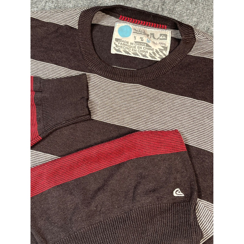 Vintage Quiksilver Striped Knit Sweater Brown Red Crew Neck Surfer‎ Casual Y2K